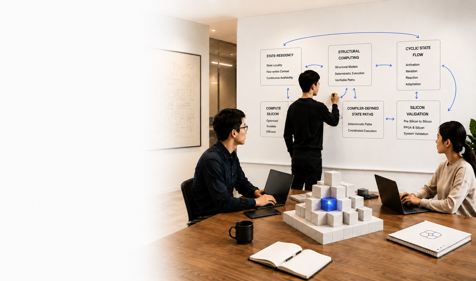 Photo of a team sketching a state-resident architecture diagram on a whiteboard