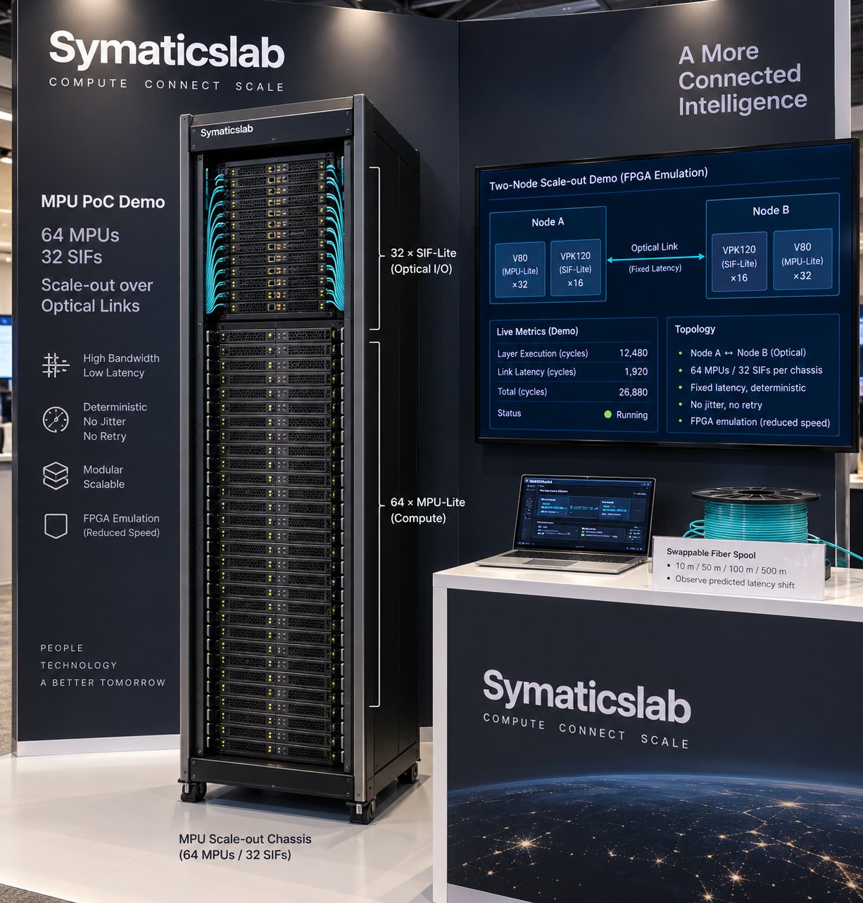 Symatics booth concept render: rack-scale state domain, demo screen and fiber-spool table