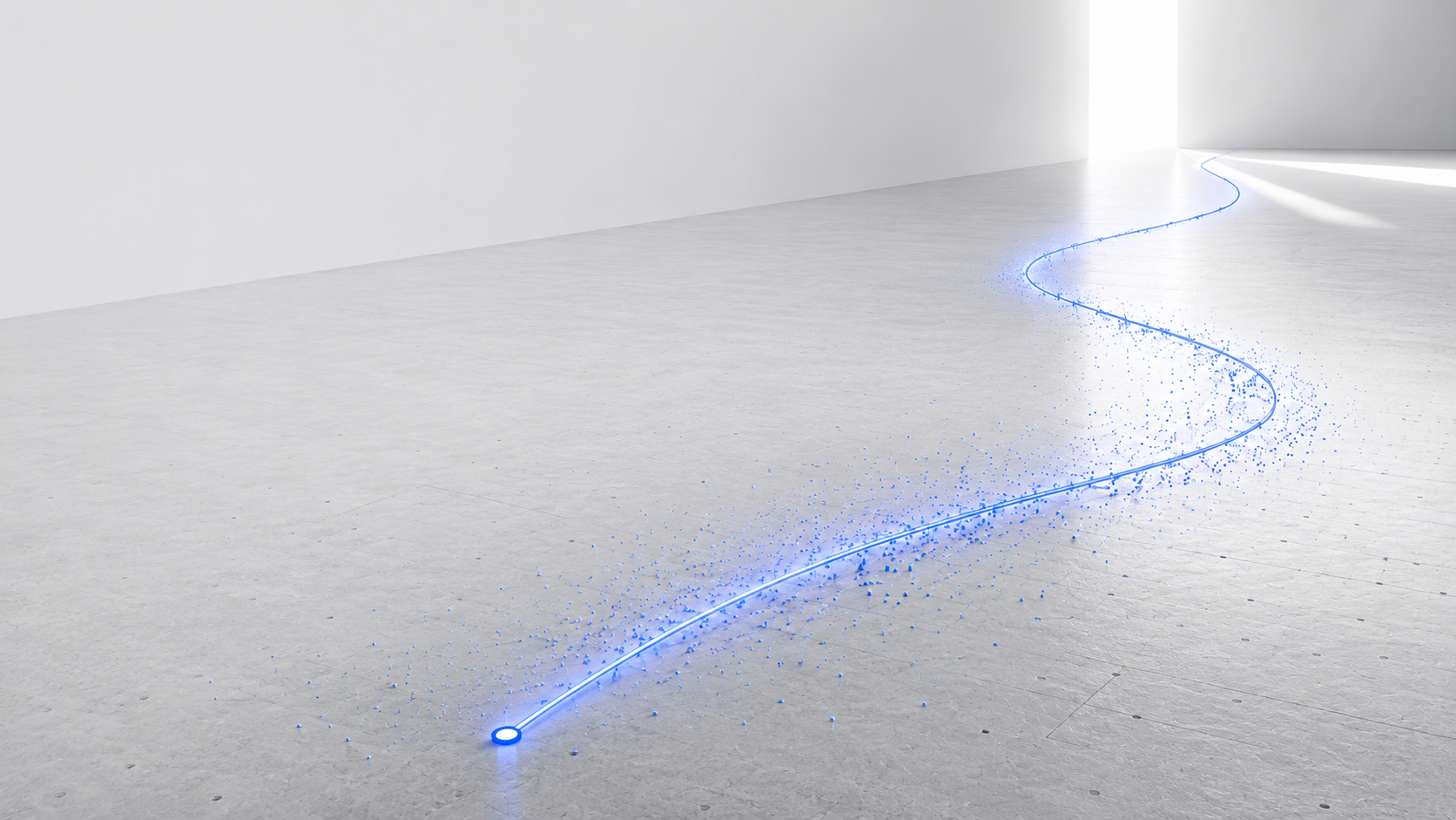 Render of a blue light trail flowing across a polished concrete floor