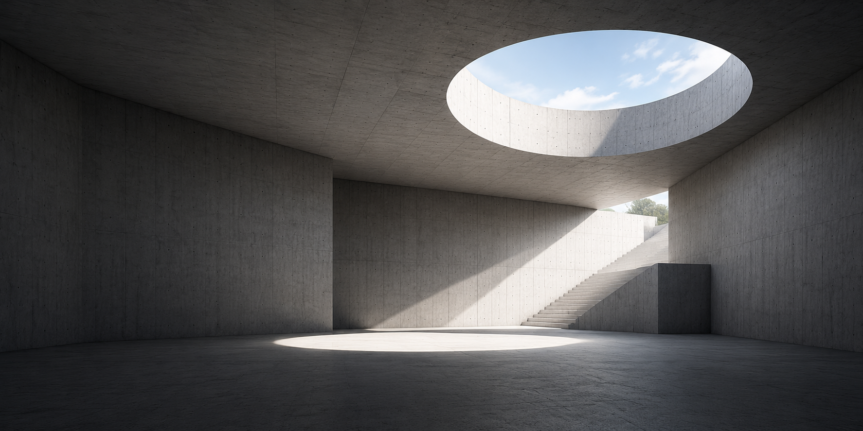 Photo of a concrete atrium with circular skylight