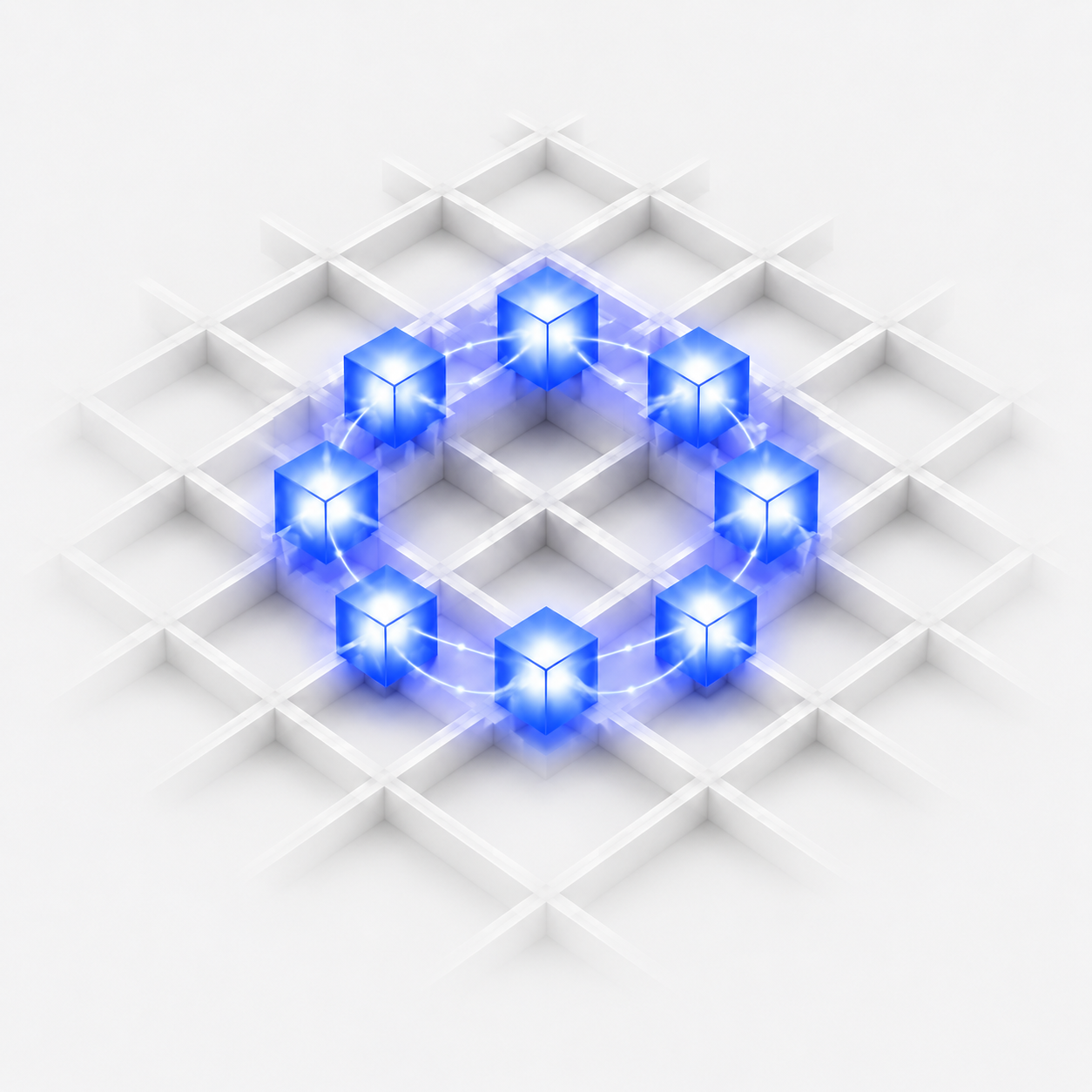 Render of a cyclic state flow loop of cubes on a grid